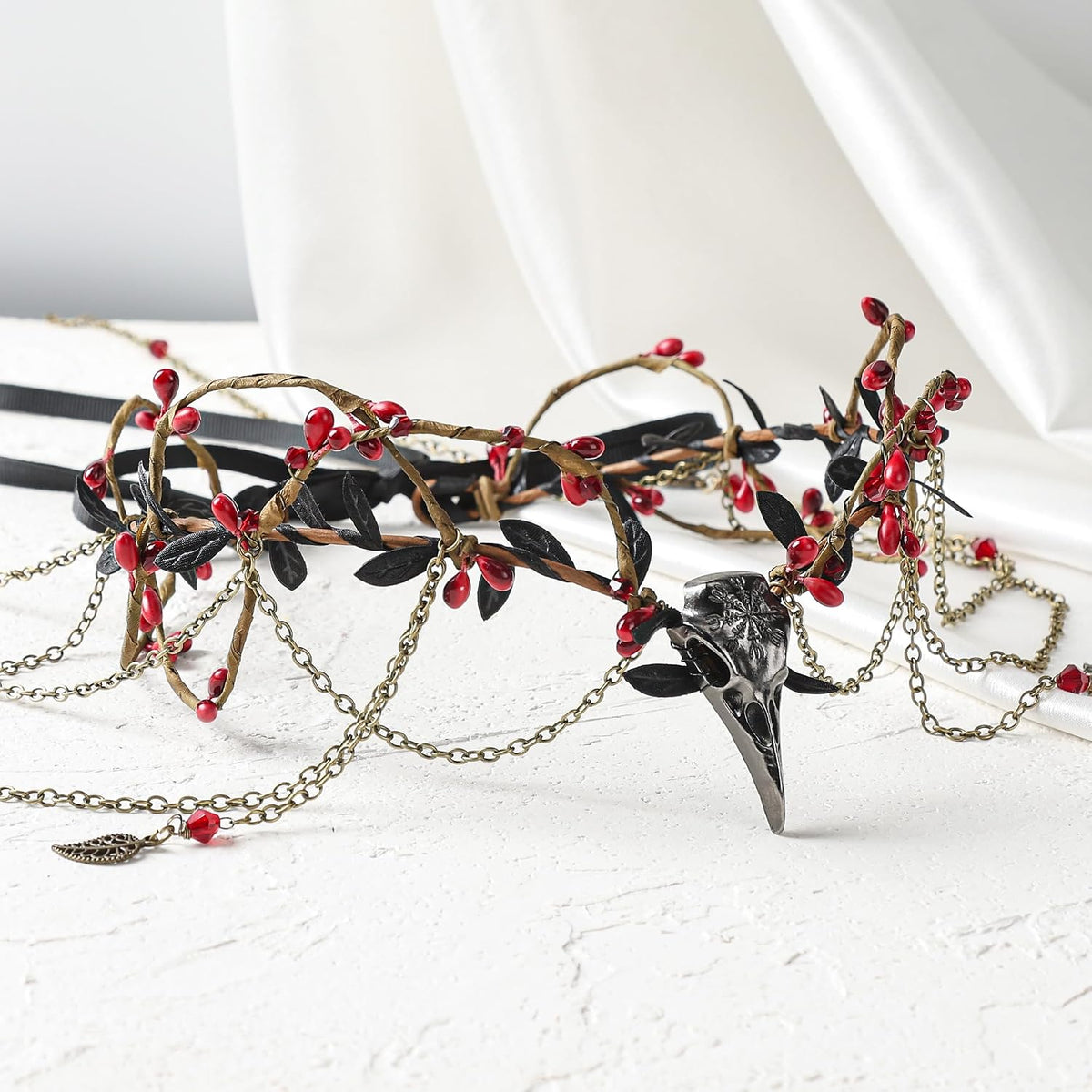 Witch Elf Crown Headpiece with Raven Beak & Tassels