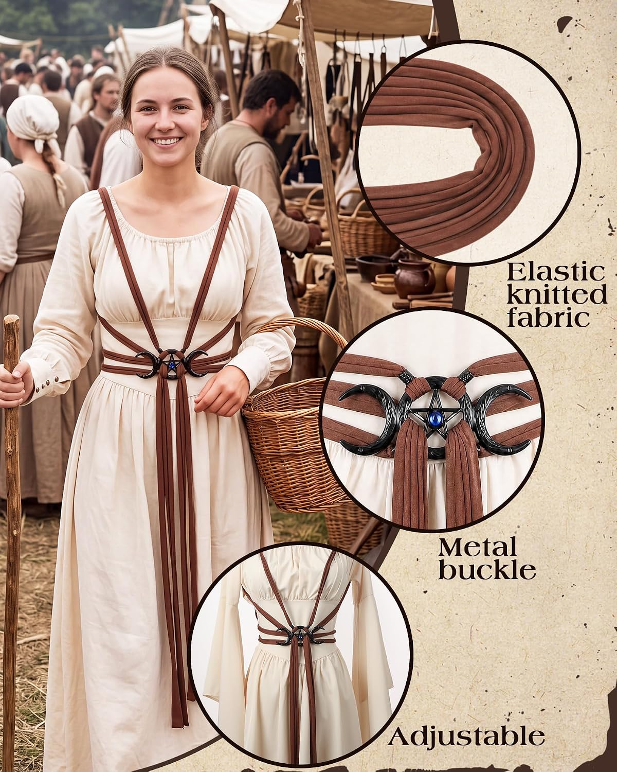 MOSTORY Medieval Woven Cloth Belt with Moon Buckle