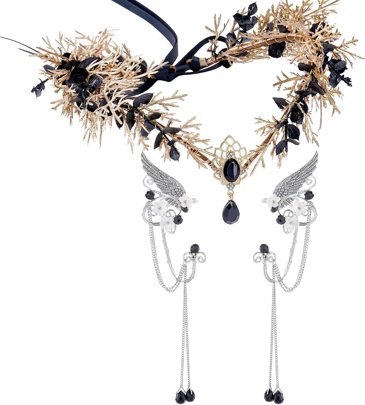 MOSTORY Black Fairy Set: Dark Flower Elf Crown & Ear Cuffs