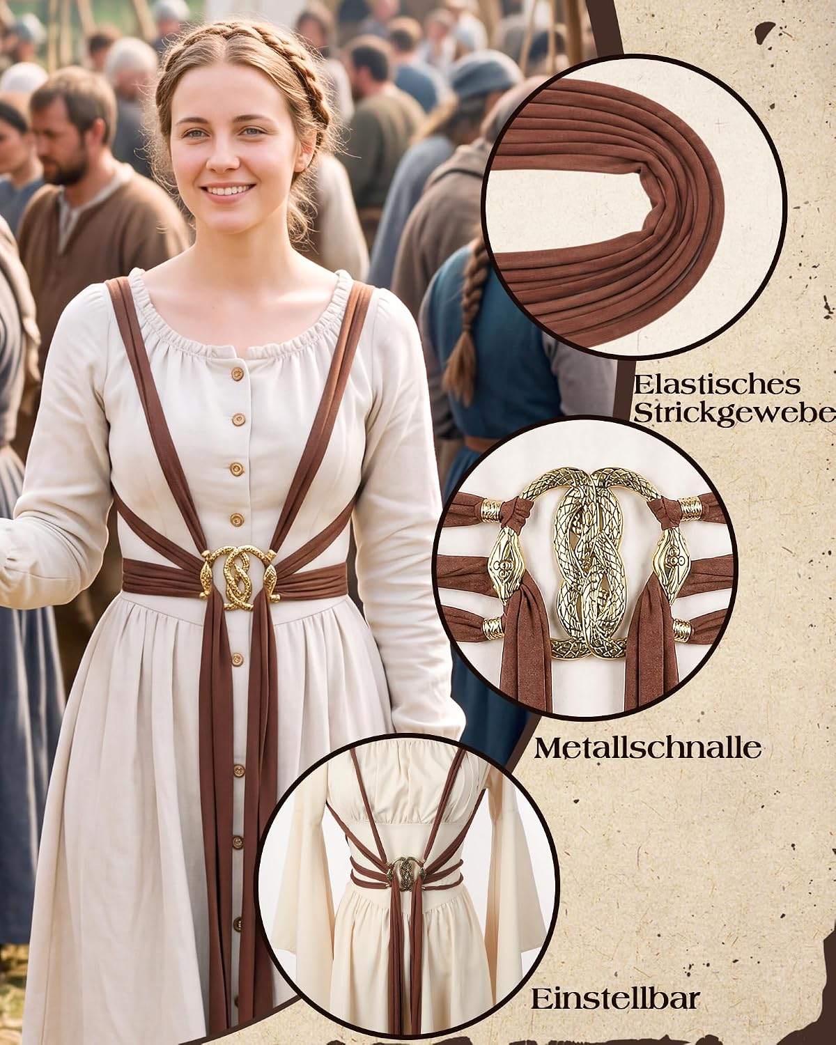 MOSTORY Women's Medieval Woven Belt with Double Snake Buckle