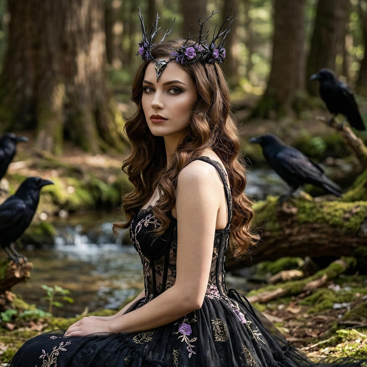MOSTORY Gothic Flower Raven Crown, Goth Elf Circlet with Branch