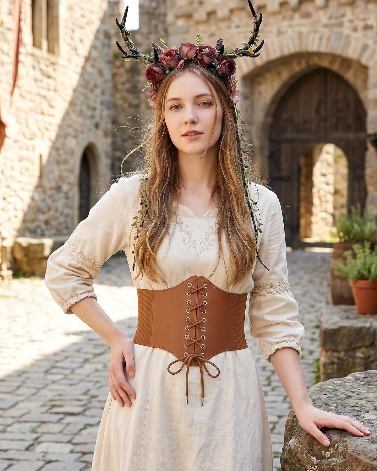 MOSTORY Brown Medieval Corset Belt & Antlers Headband Set (XL)