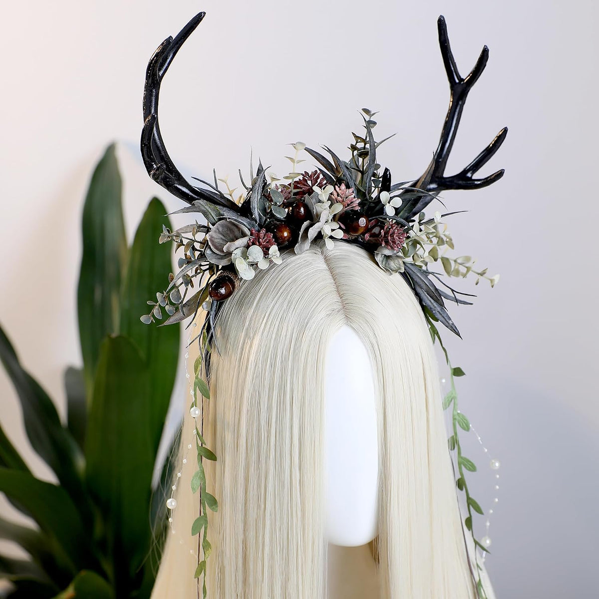 MOSTORY Dark Flower Antler Headband with Vines & Berries