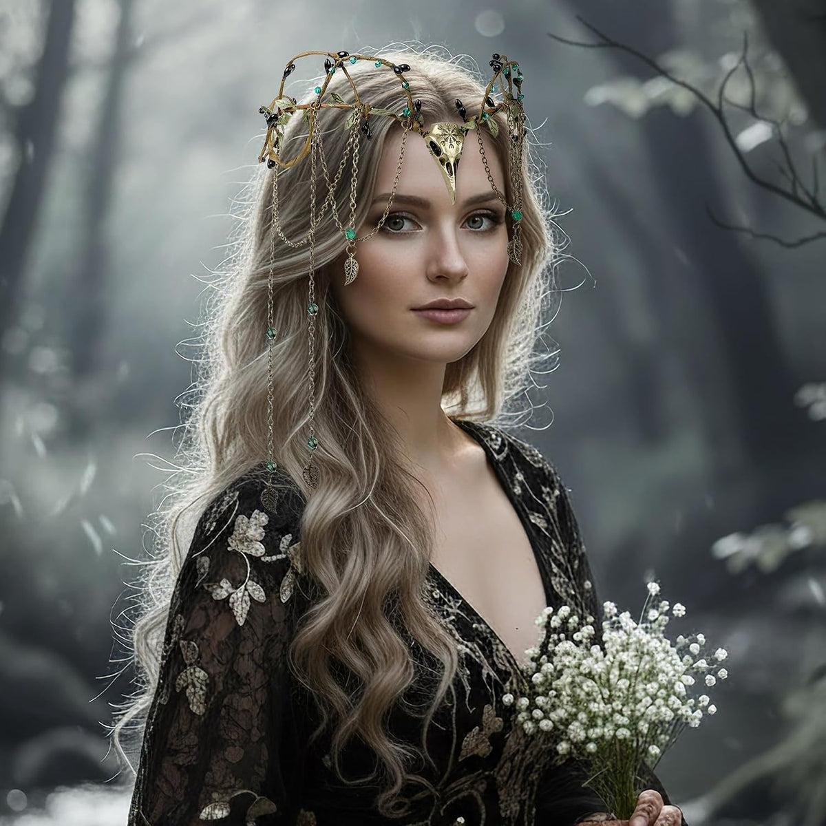 Medieval Raven Elf Crown – Beaded Floral Circlet with Tassel