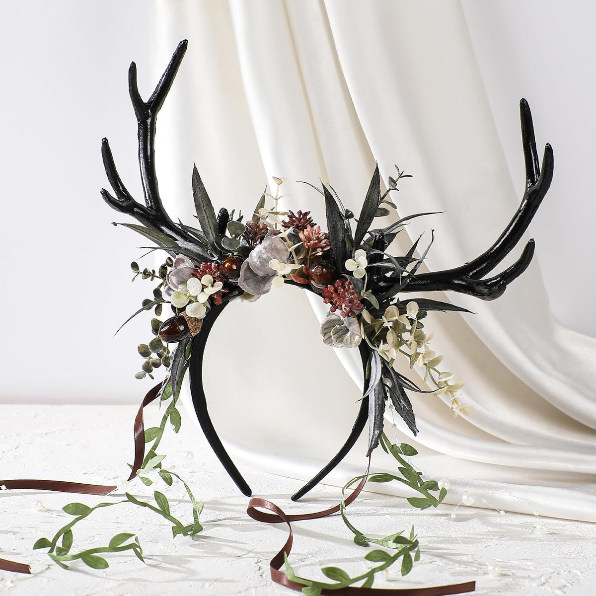 MOSTORY Dark Flower Antler Headband with Vines & Berries