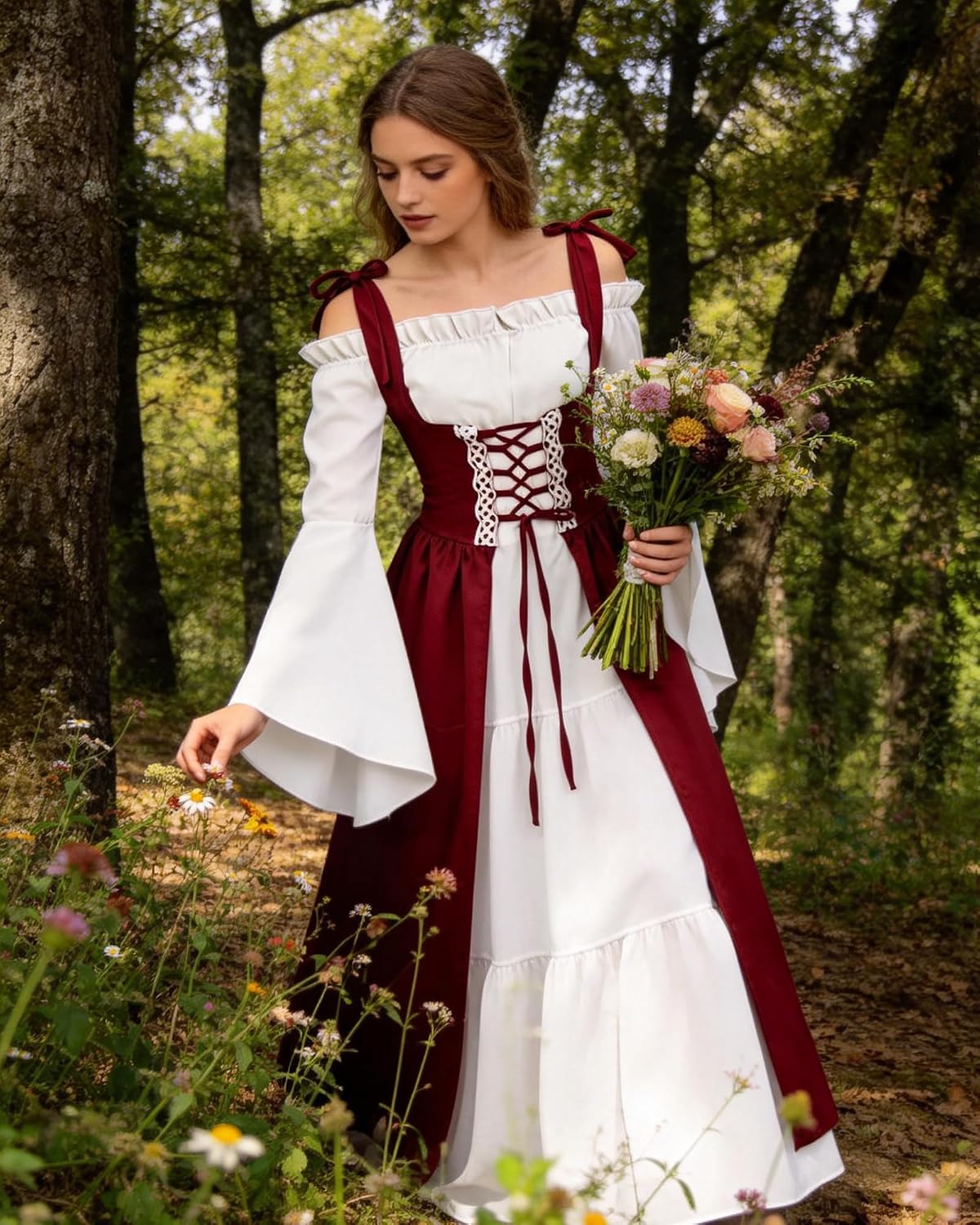 MOSTORY 2-Piece Green Medieval Renfaire Dress for Women