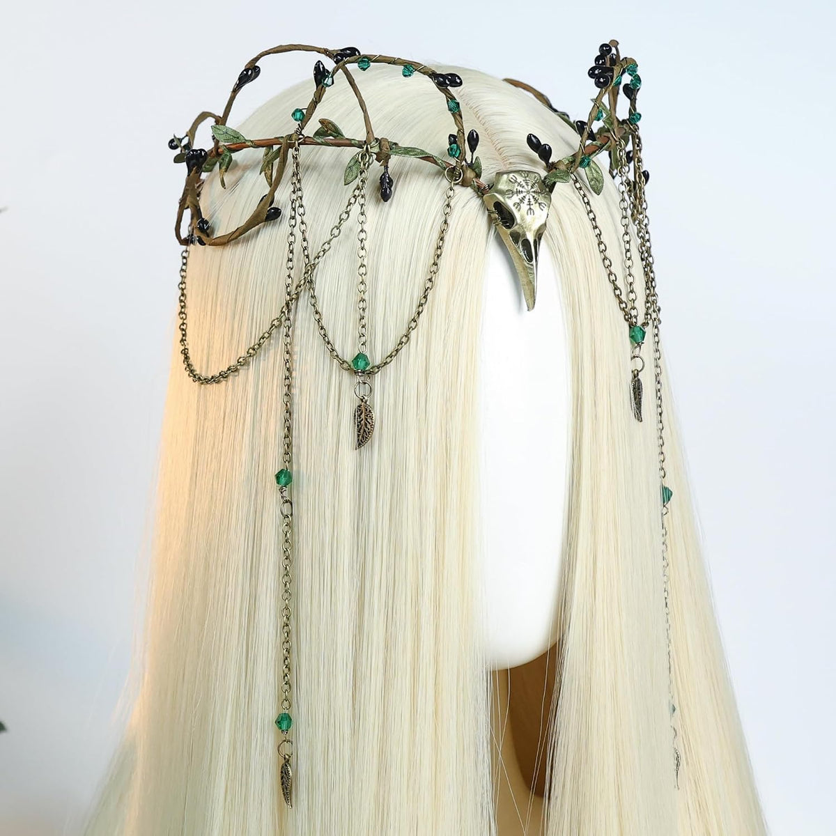 Medieval Raven Elf Crown – Beaded Floral Circlet with Tassel