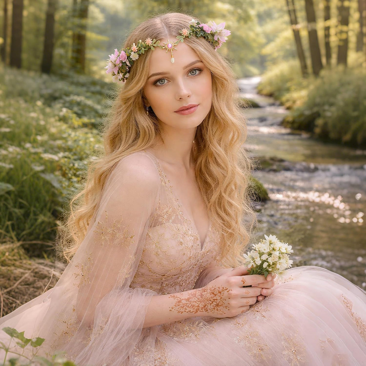 MOSTORY Blue Elf Flower Crown – Floral Fairy Crown for Women
