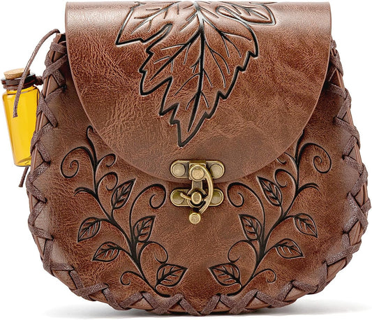 Renaissance Belt Pouch for Women Brown Maple Leaf Leather Viking Bag