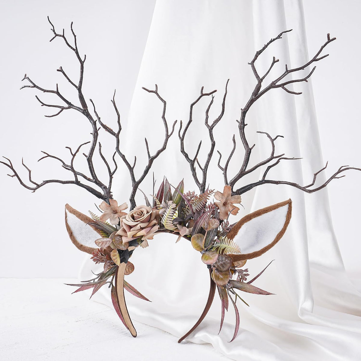 MOSTORY Green Woodland Reindeer Ear Headband with Flowers & Ivy
