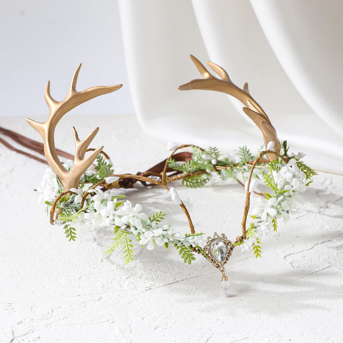 MOSTORY Antlers Headpiece Elf Crown with Flowers & Gemstones