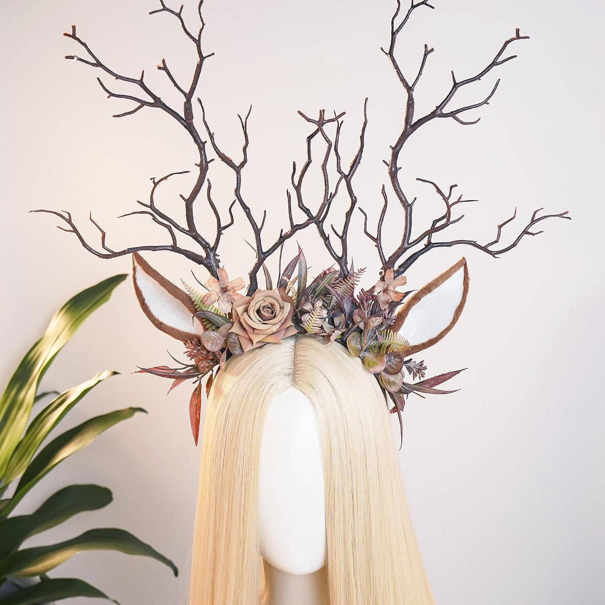 MOSTORY Green Woodland Reindeer Ear Headband with Flowers & Ivy
