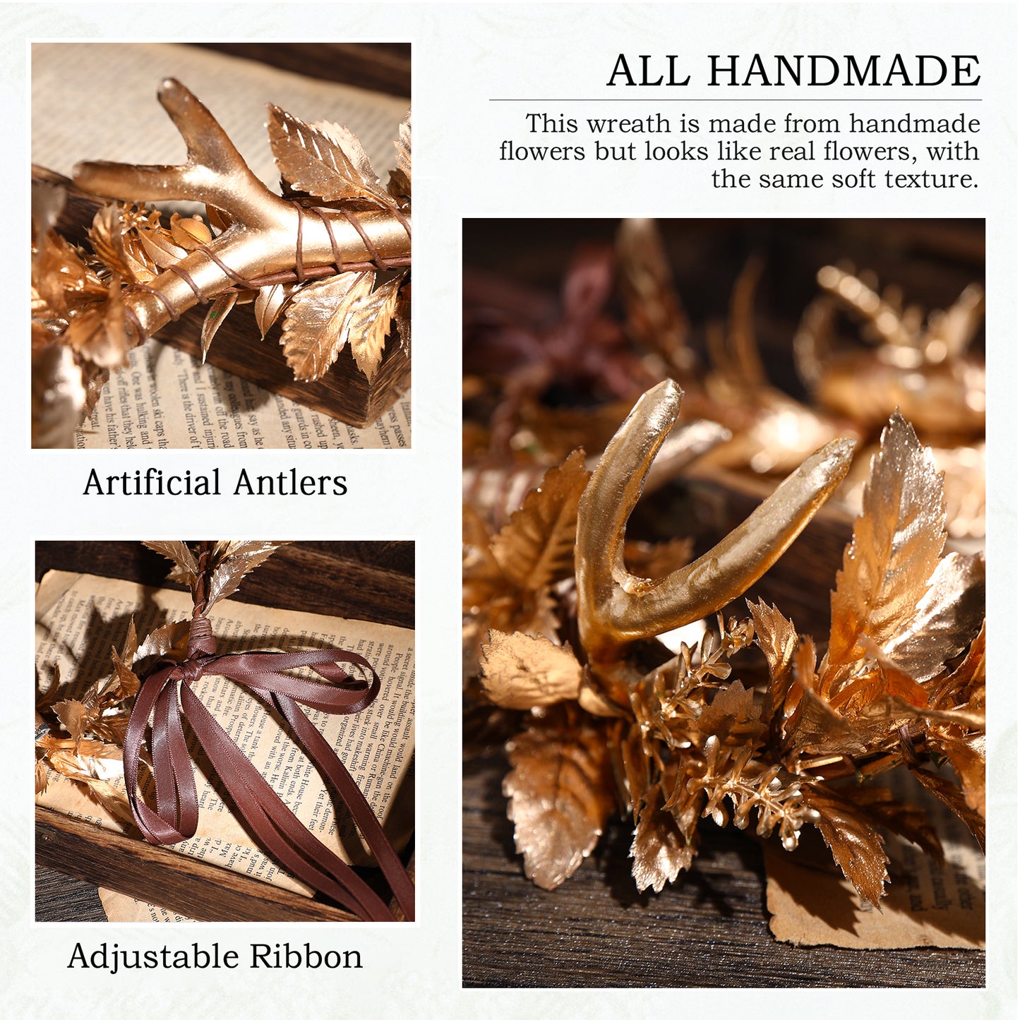 Gold Antler Flower Crown - Floral Fairy Headband Elf Antler Headpiece