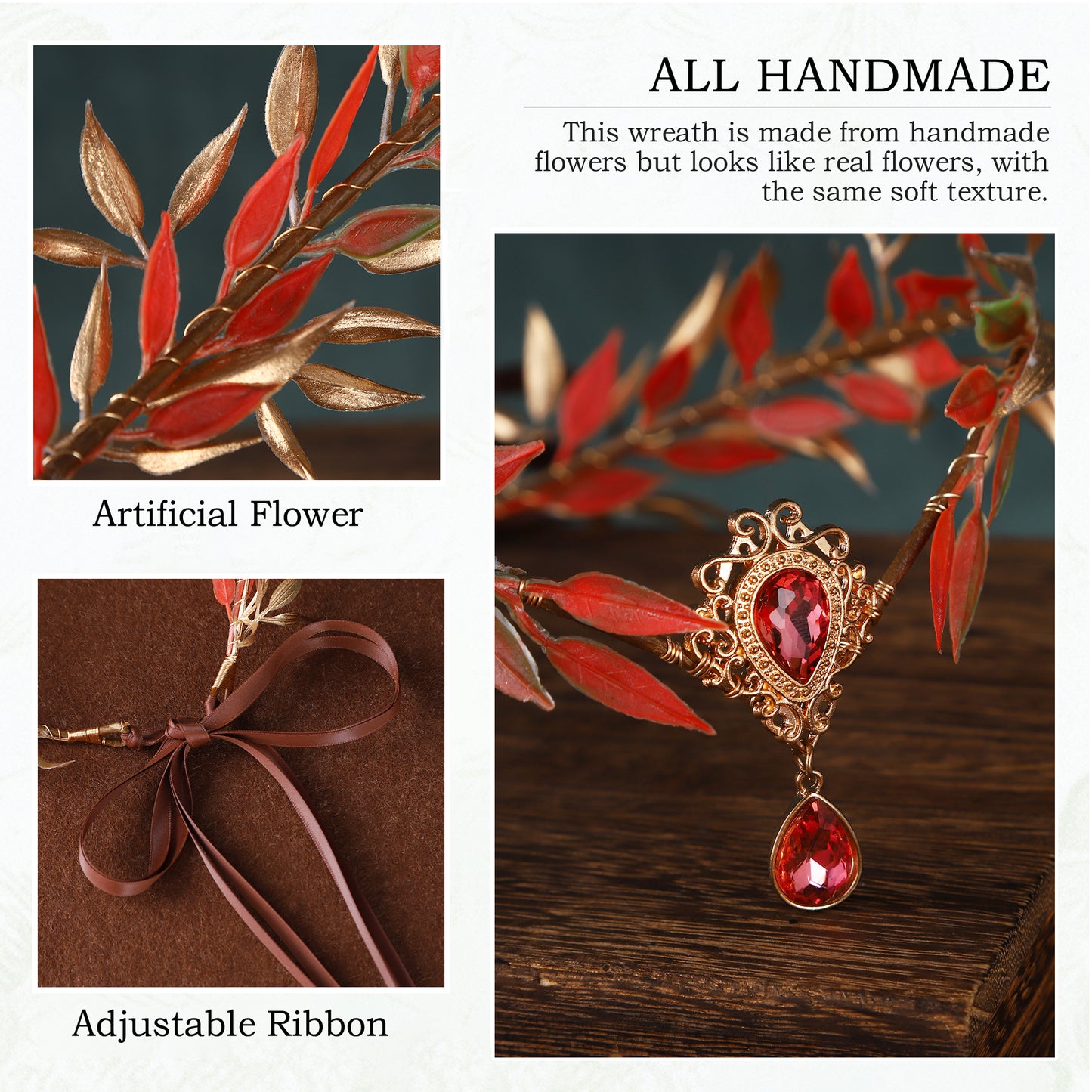 Handmade Gold and Red Elf Flower Crown