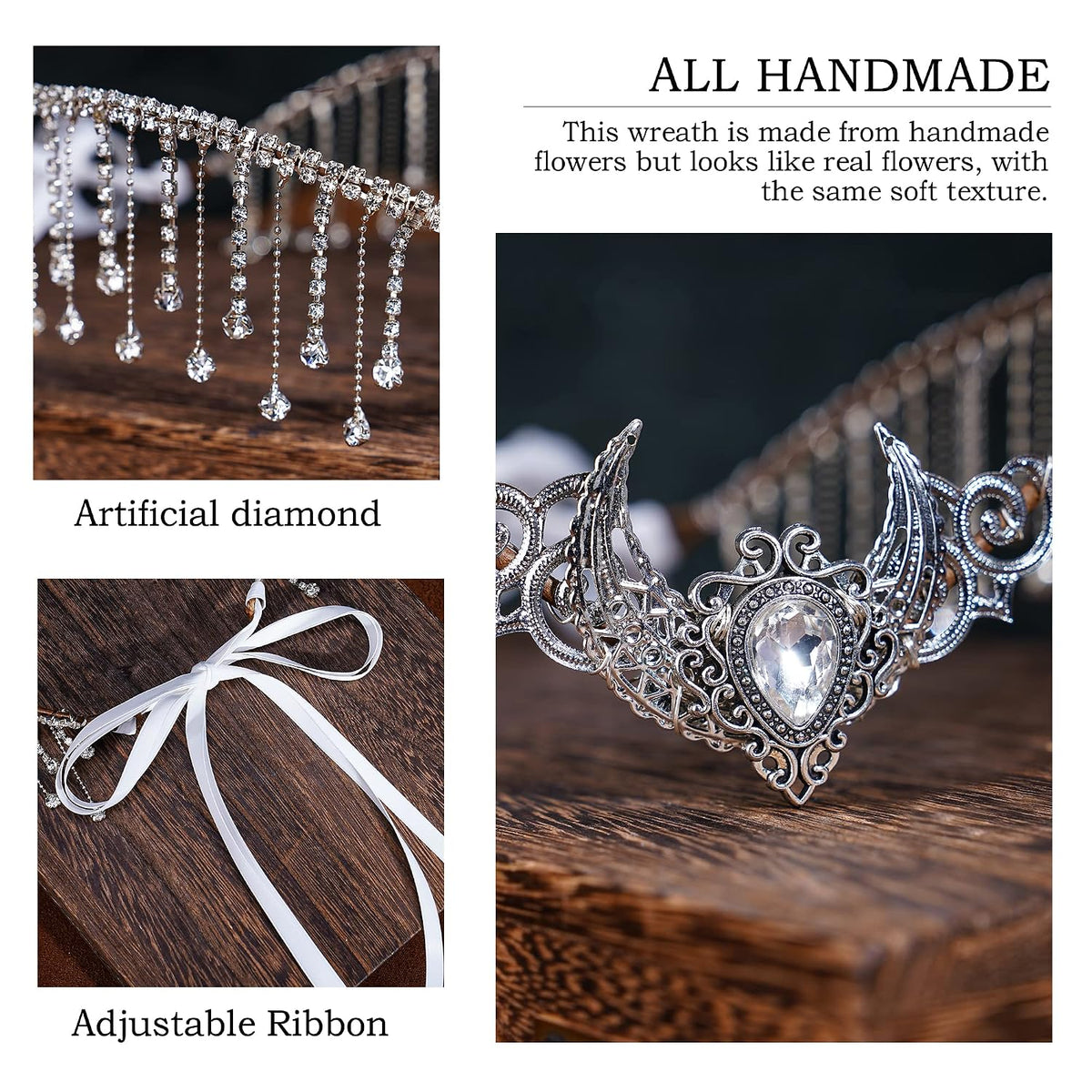 MOSTORY Handmade Silver Viking Crown Crystal Tassel Headpiece