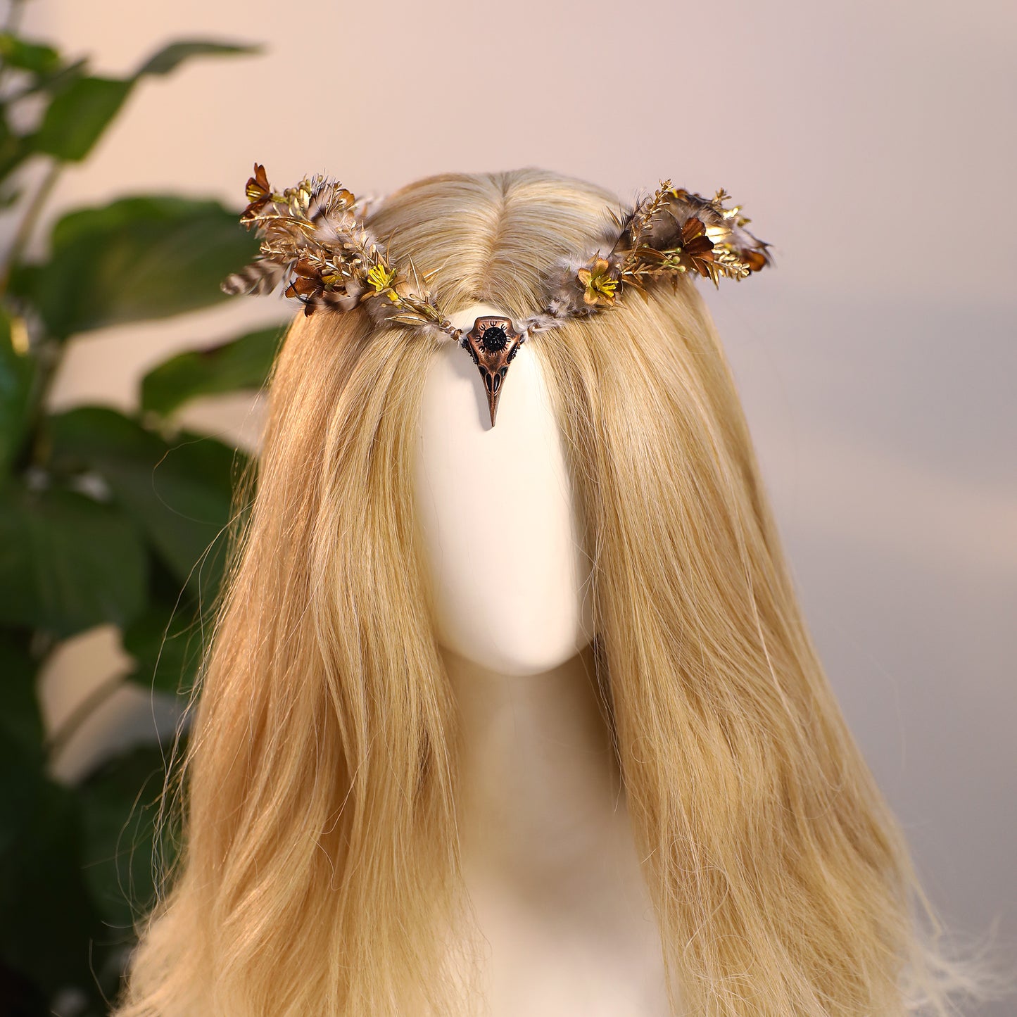 Gold Raven Elf Crown - Handmade Fairy Feather Headpiece Floral Gothic Circlet Elven Tiara