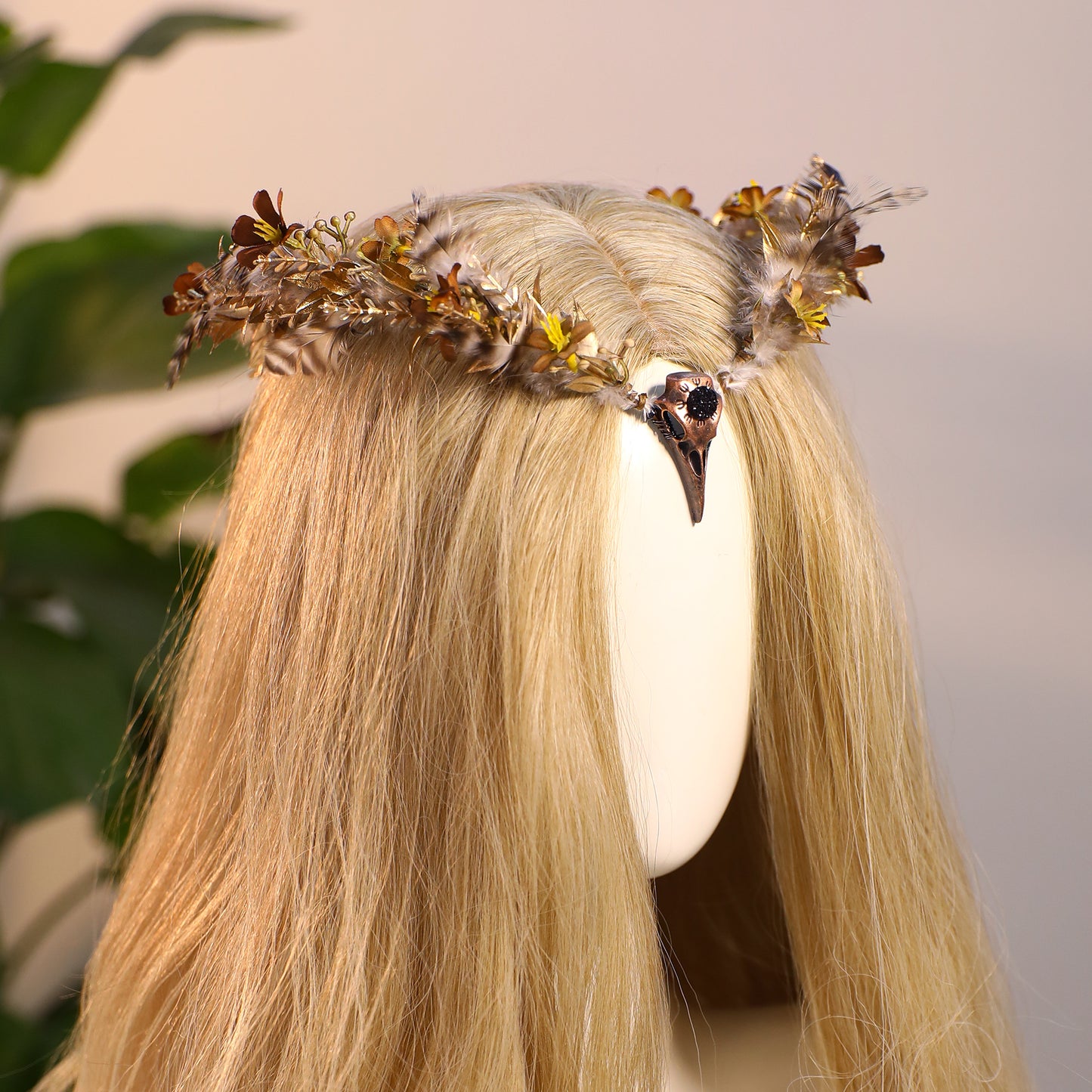 Gold Raven Elf Crown - Handmade Fairy Feather Headpiece Floral Gothic Circlet Elven Tiara