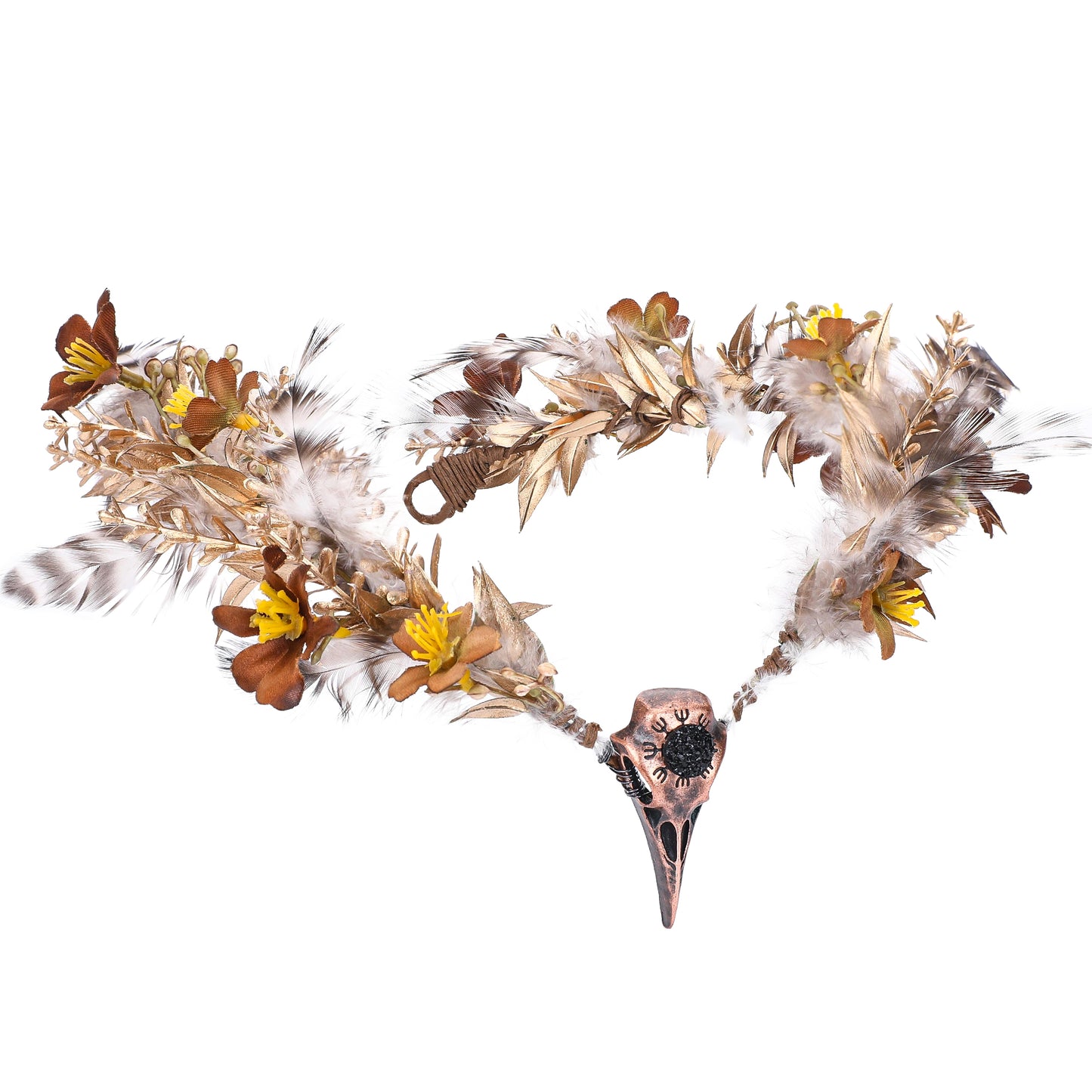 Gold Raven Elf Crown - Handmade Fairy Feather Headpiece Floral Gothic Circlet Elven Tiara