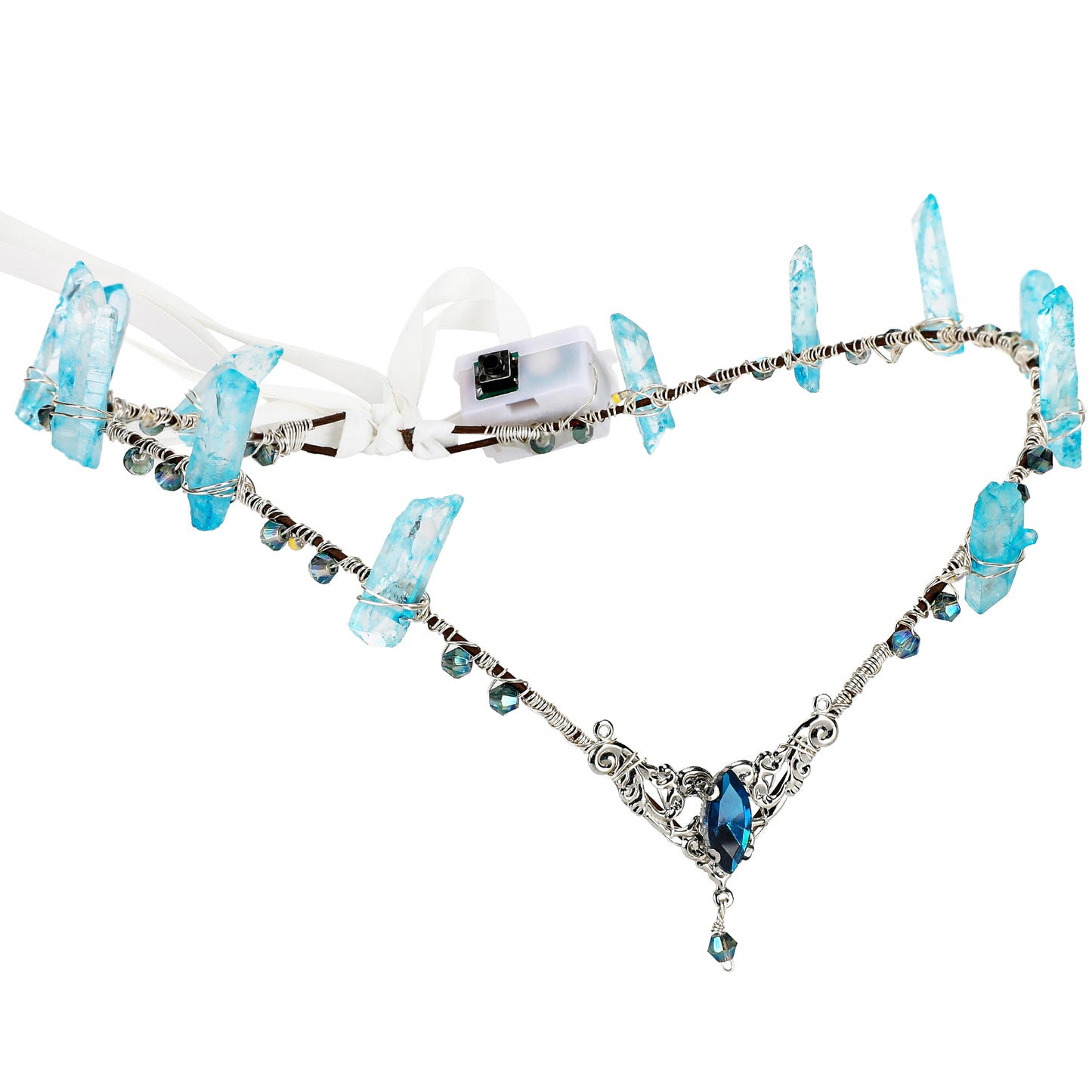 Blue LED Crystal Crown - Light up Elf Circlet Fairy Tiara Raw Quartz Circlet Elven Headpiece