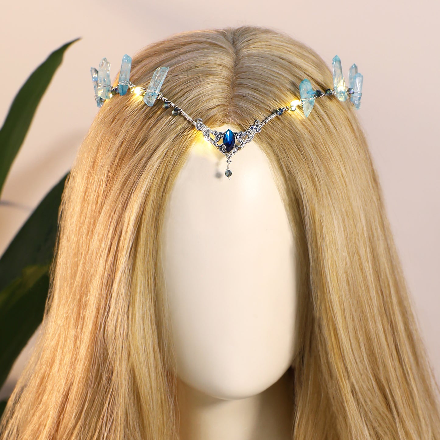 Blue LED Crystal Crown - Light up Elf Circlet Fairy Tiara Raw Quartz Circlet Elven Headpiece