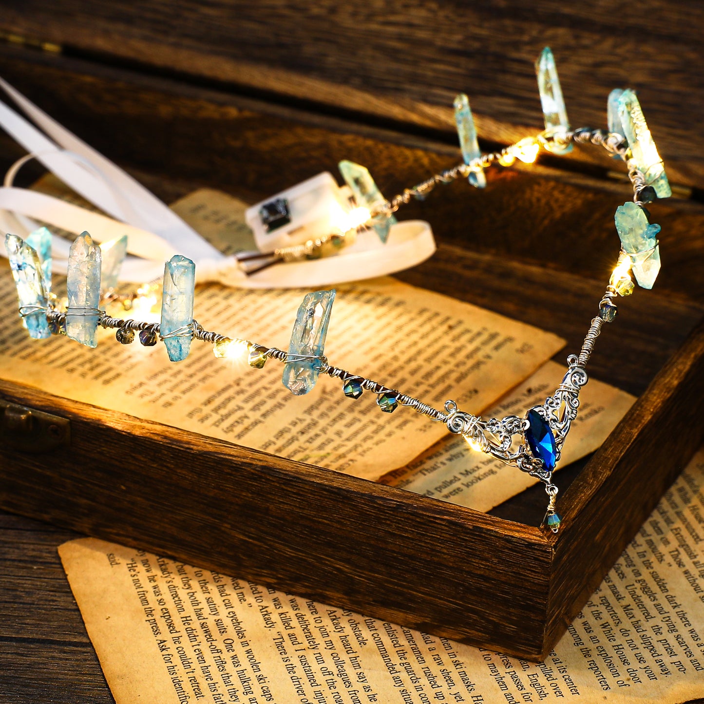 Blue LED Crystal Crown - Light up Elf Circlet Fairy Tiara Raw Quartz Circlet Elven Headpiece