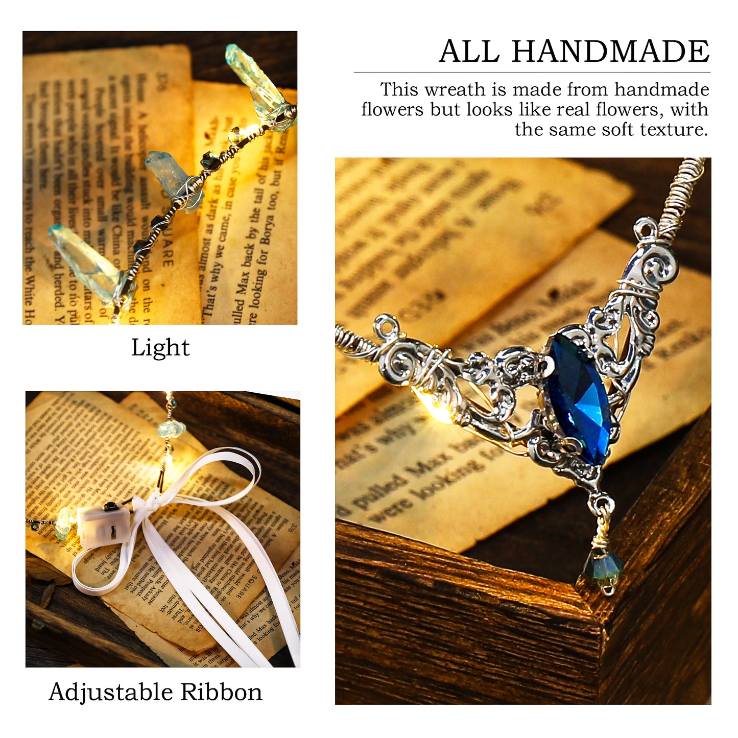 Blue LED Crystal Crown - Light up Elf Circlet Fairy Tiara Raw Quartz Circlet Elven Headpiece