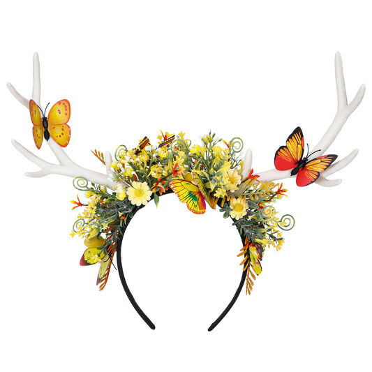 Handmade Butterfly Flower Antler Headband - White Horn Hairband