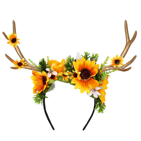 Handmade Sunflower Antler Headband - Flower Fairy Hairdbands Woodland Reindeer Headpiece