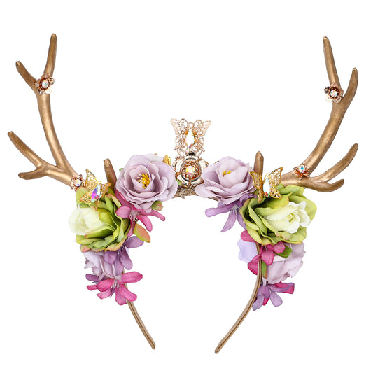 Gold Butterfly Fairy Flower Headband - Handmade Antler Floral Elf Crown