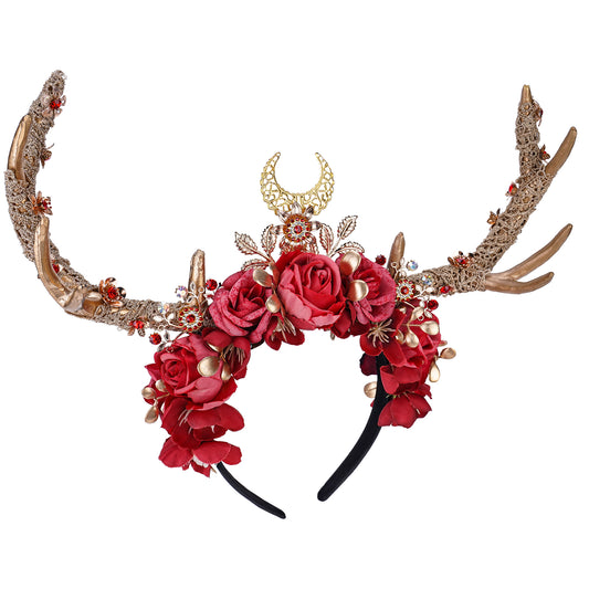 Handmade Flower Antler Headband - Woodland Gold Deer Horns Hairband Fairy Floral Reindeer Headpiece