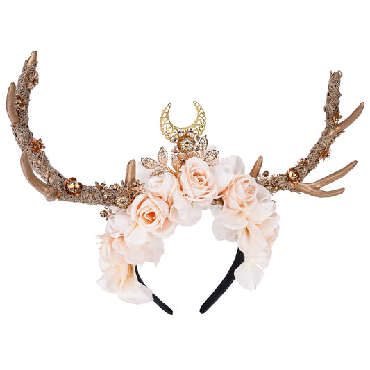 Handmade Gold Flower Antler Headband - Reindeer Floral Hairdband Woodland Deer Horn Headpiece