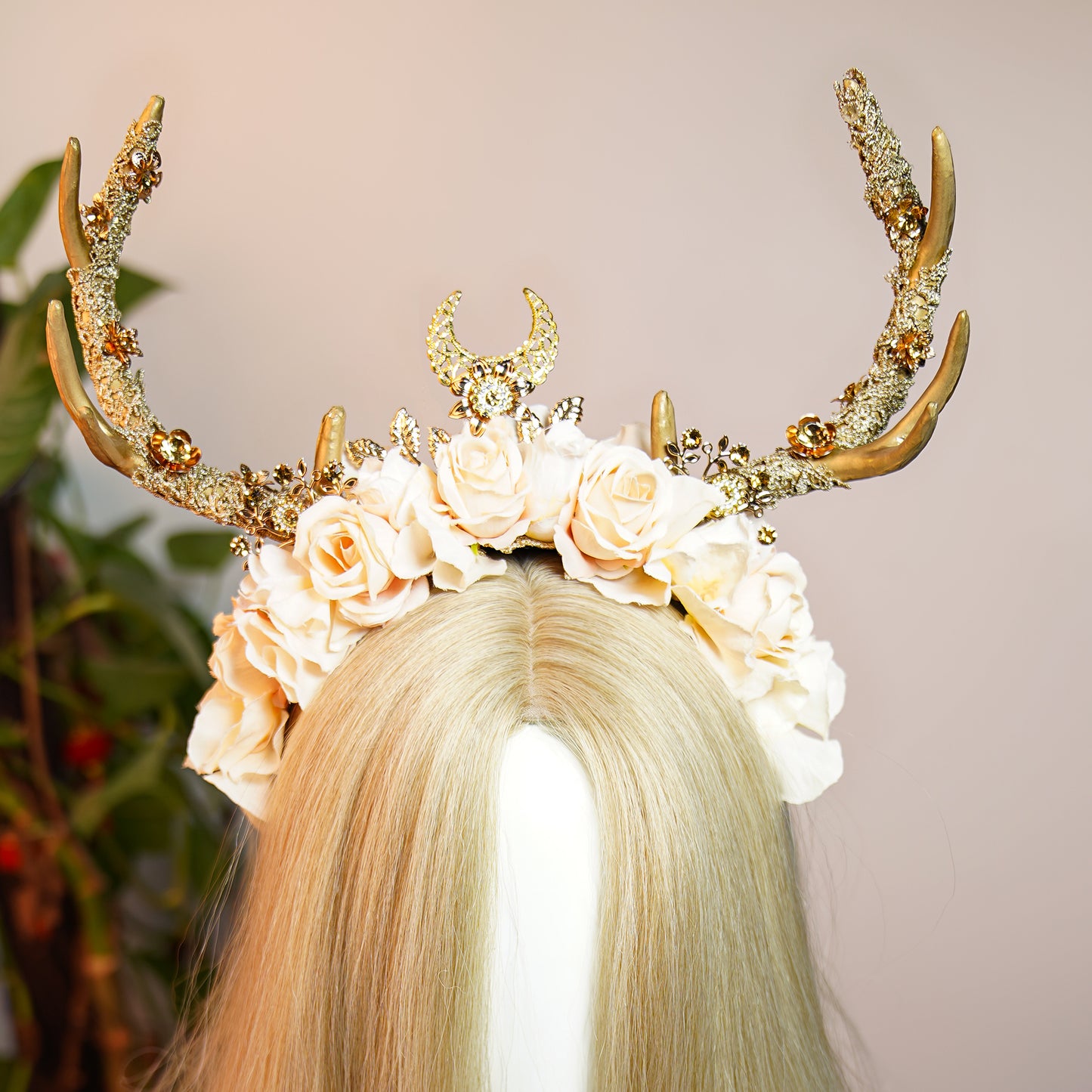 Handmade Gold Flower Antler Headband - Reindeer Floral Hairdband Woodland Deer Horn Headpiece