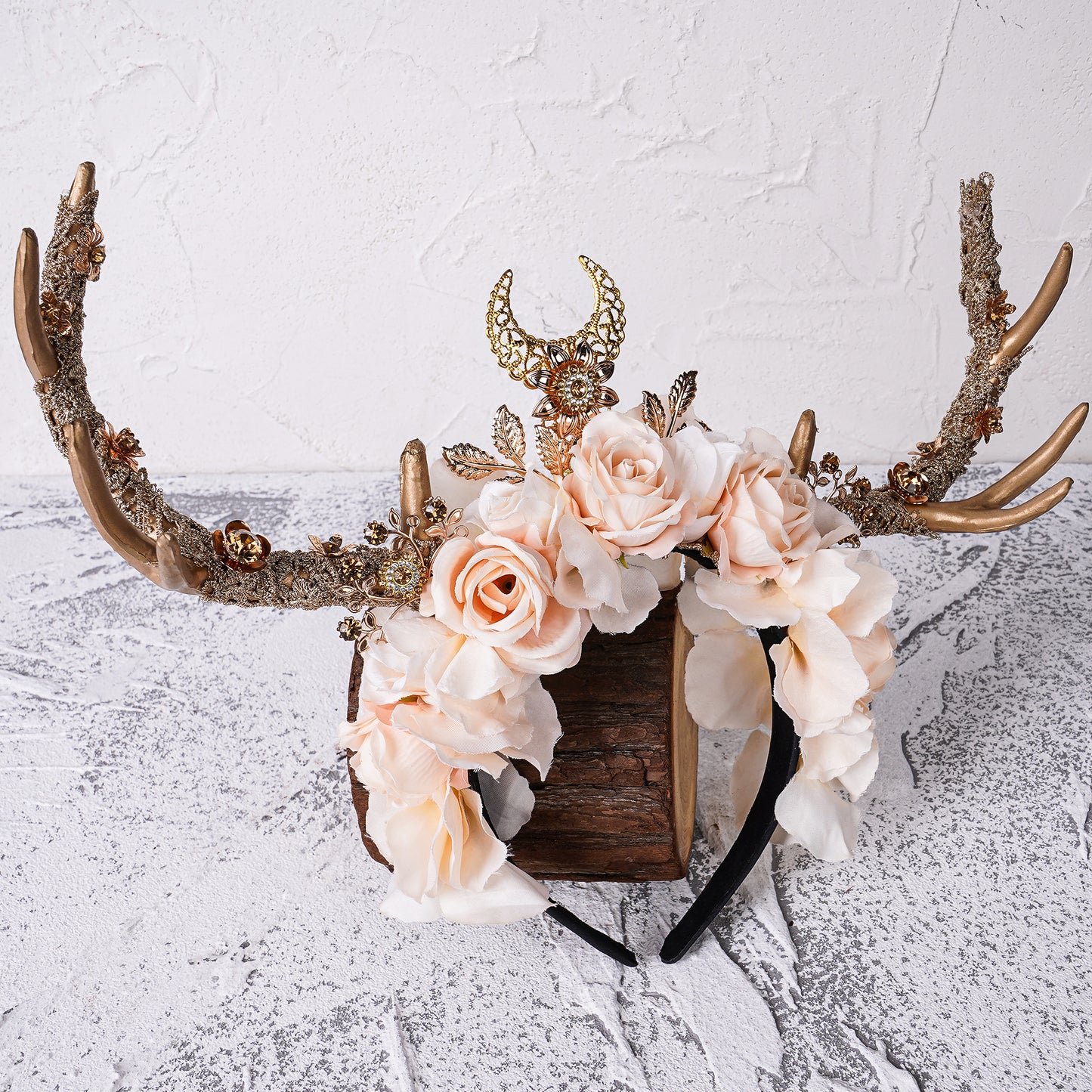 Handmade Gold Flower Antler Headband - Reindeer Floral Hairdband Woodland Deer Horn Headpiece