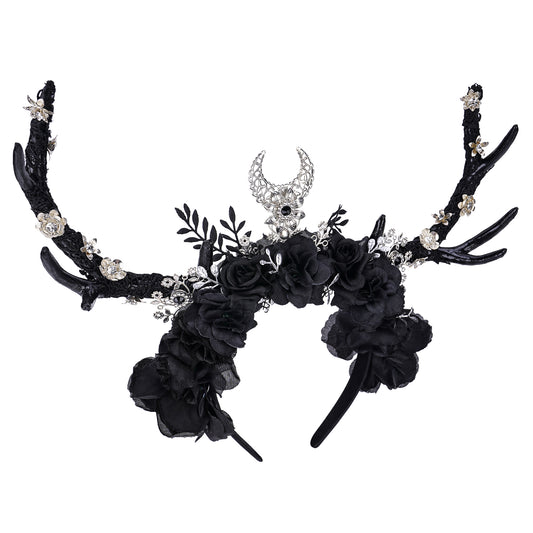 Handmade Black Deer Horns Headband - Dark Flower Antler Headband Gothic Floral Reindeer Hairband