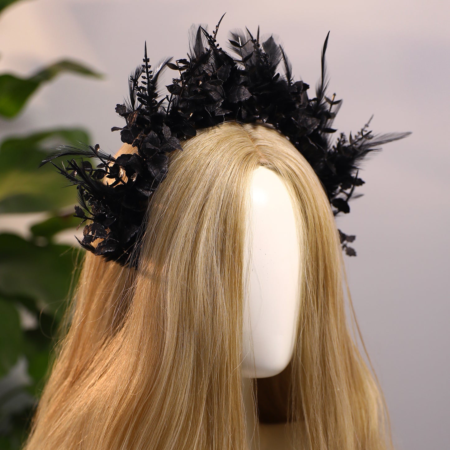 Black Flower Halo Crown - Dark Feather Headband Gothic Floral Hairband