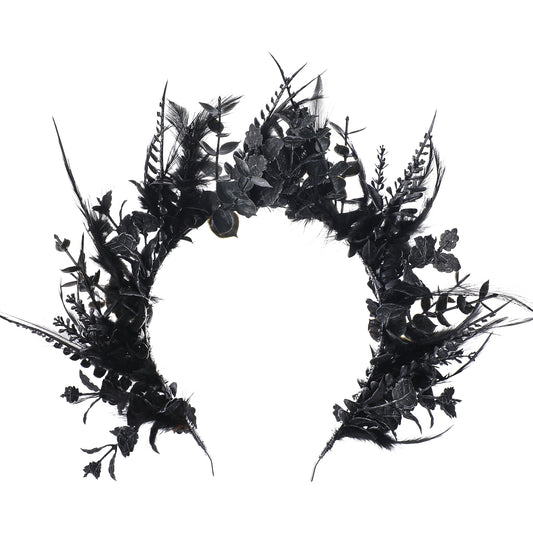 Black Flower Halo Crown - Dark Feather Headband Gothic Floral Hairband