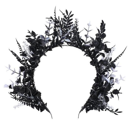 Black Flower Halo Crown - Handmade Gothic Floral Headpiece Dak Flower Headband