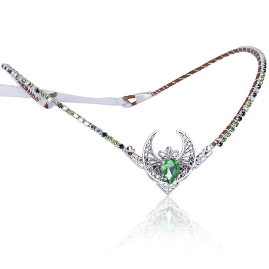 Handmade Silver Moon Tiara Crown: Green Rhinestone Princess Headband