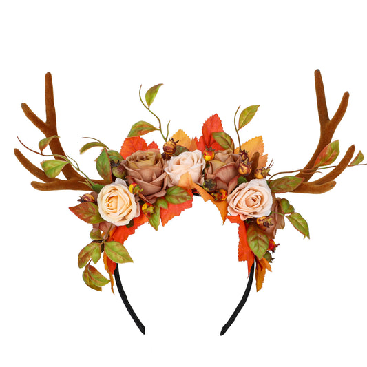 Handmade Autumn Woodland Antler Flower Headand - Floral Reindeer Hairdband