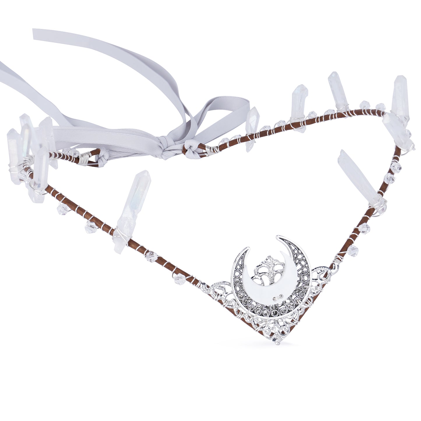 White Moon Tiara Headband: Silver Crystal Crown