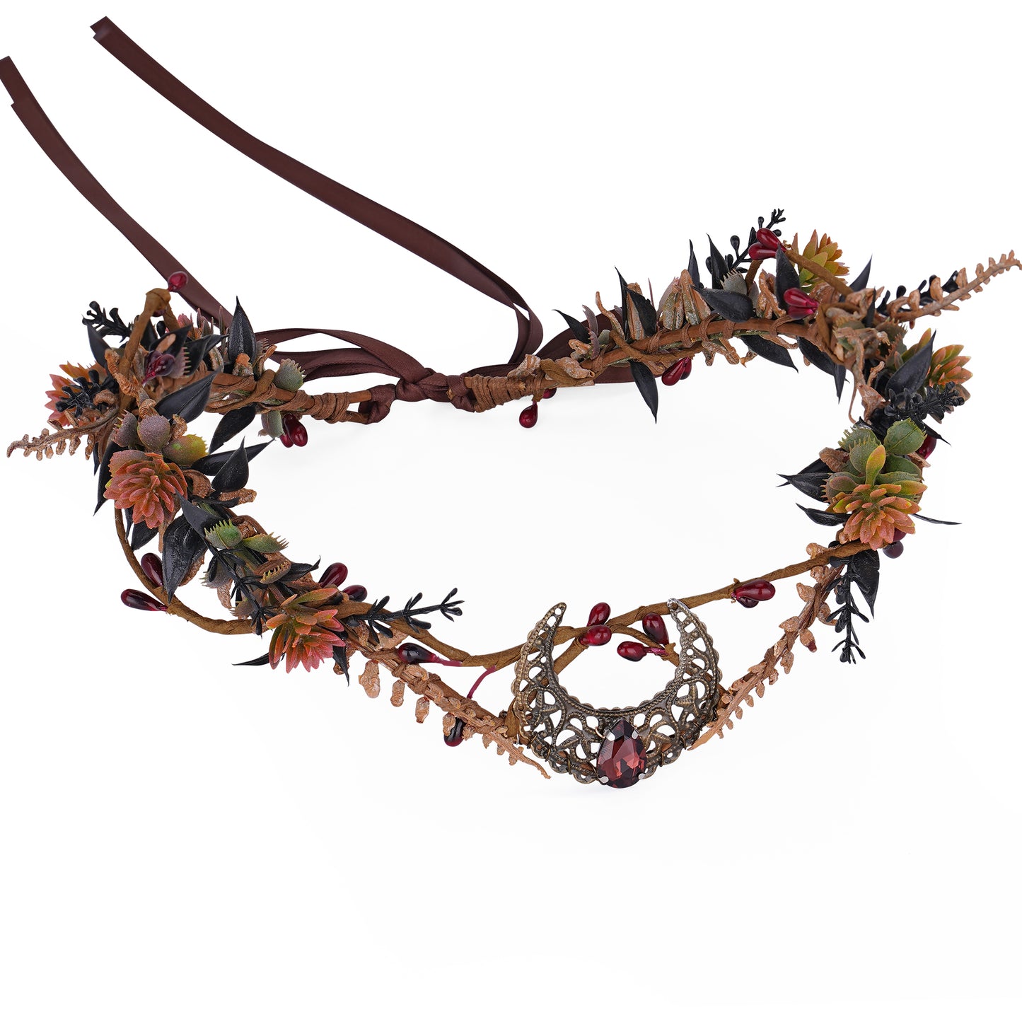 Moon Flower Crown Headpiece: Burgundy Floral Elf Circlet