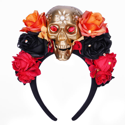 Black Mexican Flower Crown: Witch Gold Skull Headband