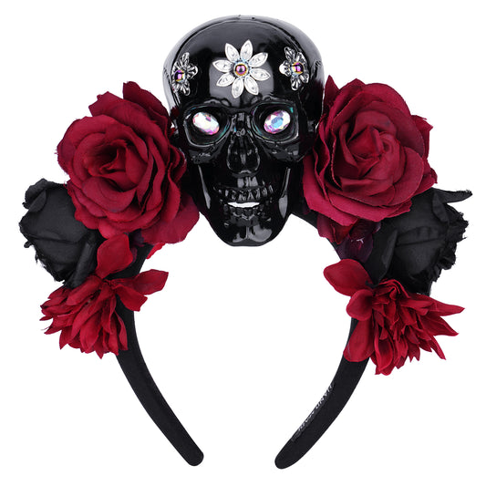 Dark Mexican Flower Headband: Skull Red Floral Headpiece