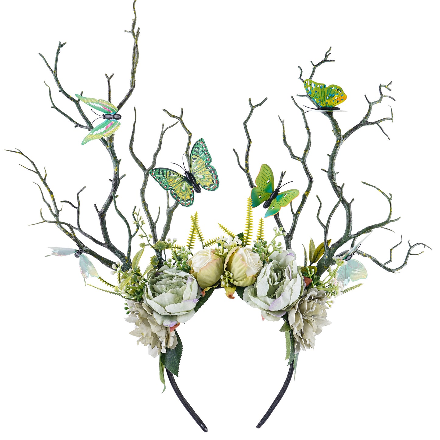 Green Flower Branch Headband - Handmade Tree Hairband with Butterfly Woodland Headband