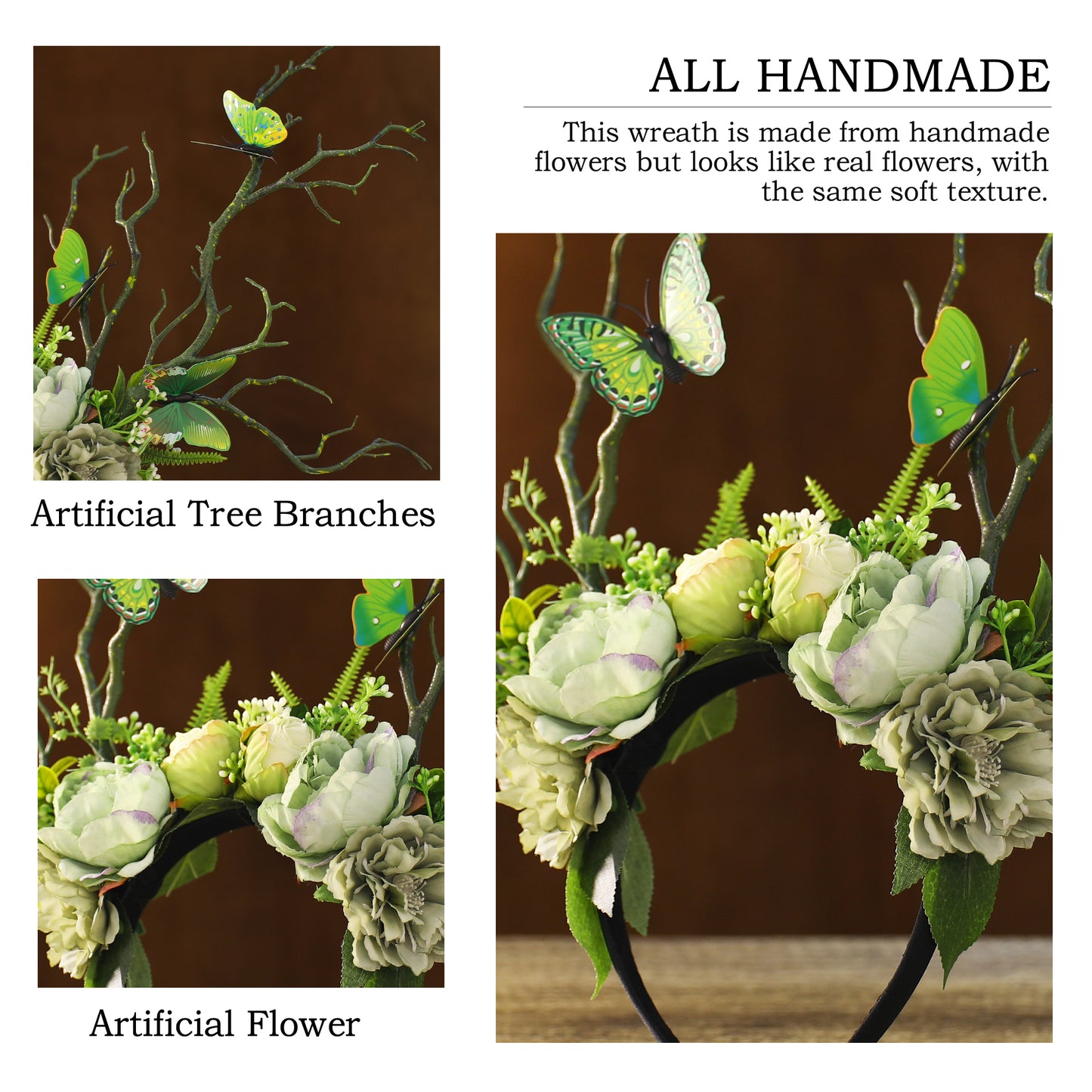 Green Flower Branch Headband - Handmade Tree Hairband with Butterfly Woodland Headband