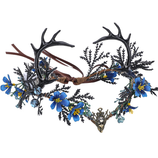 Light up Antler Crown - Handmade Blue Flower Elf Headpiece Forest Fairy Headband