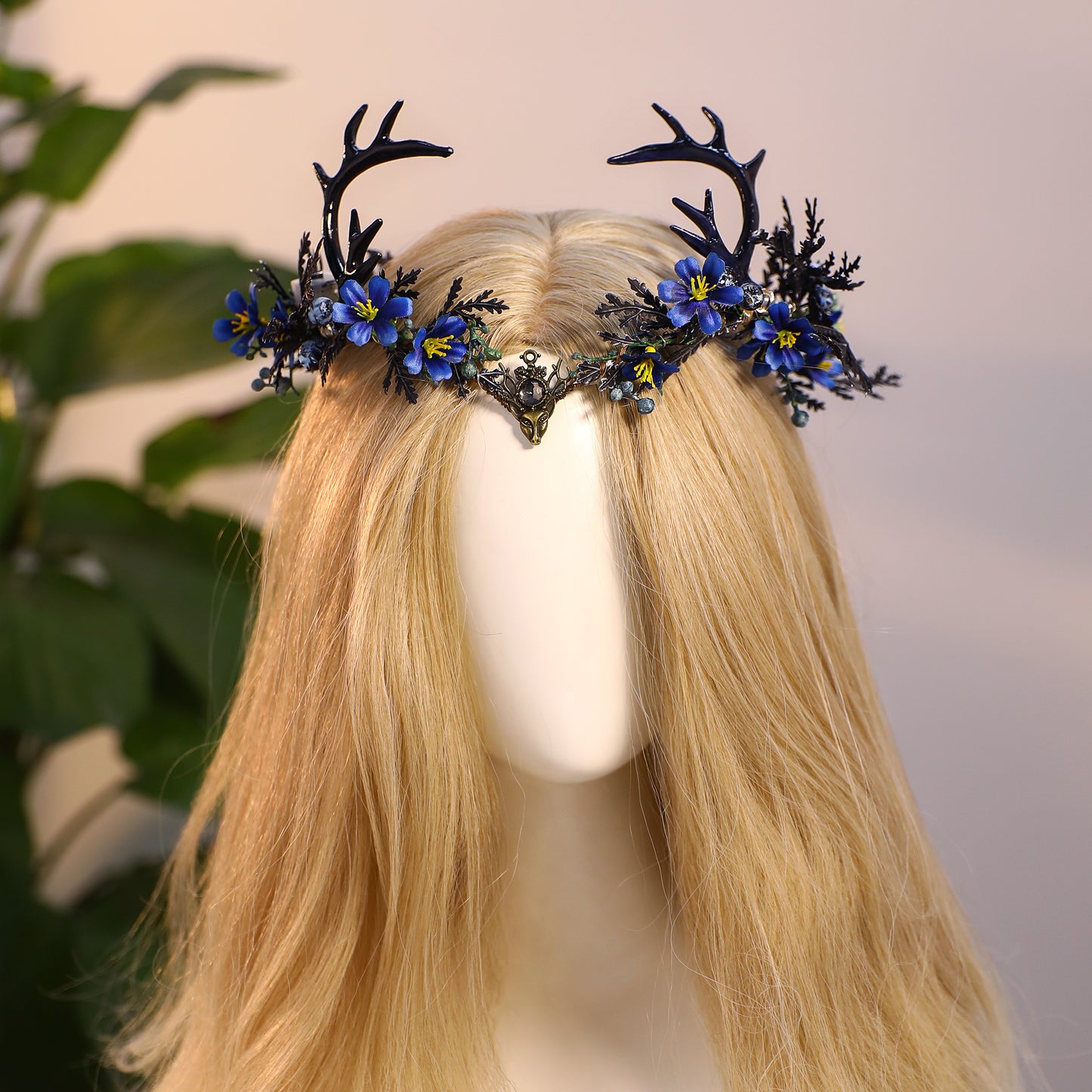 Light up Antler Crown - Handmade Blue Flower Elf Headpiece Forest Fairy Headband