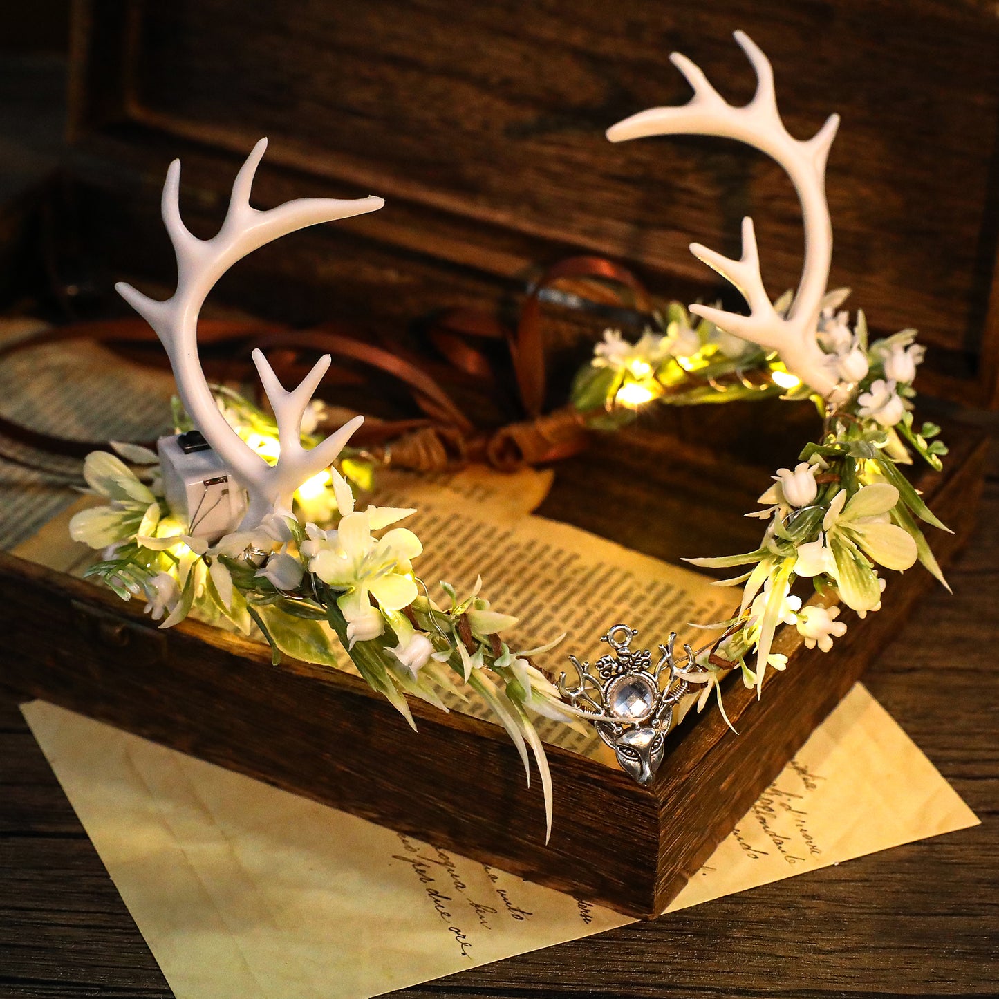 Light up Antler Crown - Handmade Woodland Elf Crown Forest Flower Headpiece