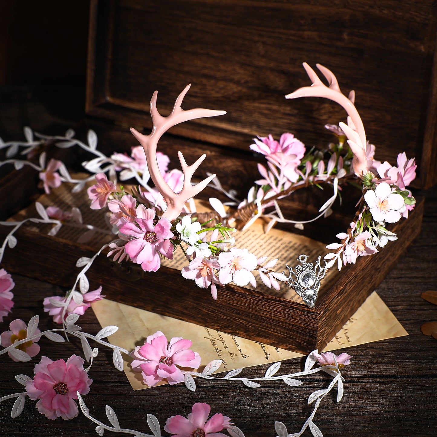 Pink Fairy Antler Headpiece - Handmade Elf Flower Crown Woodland Floral Circlet