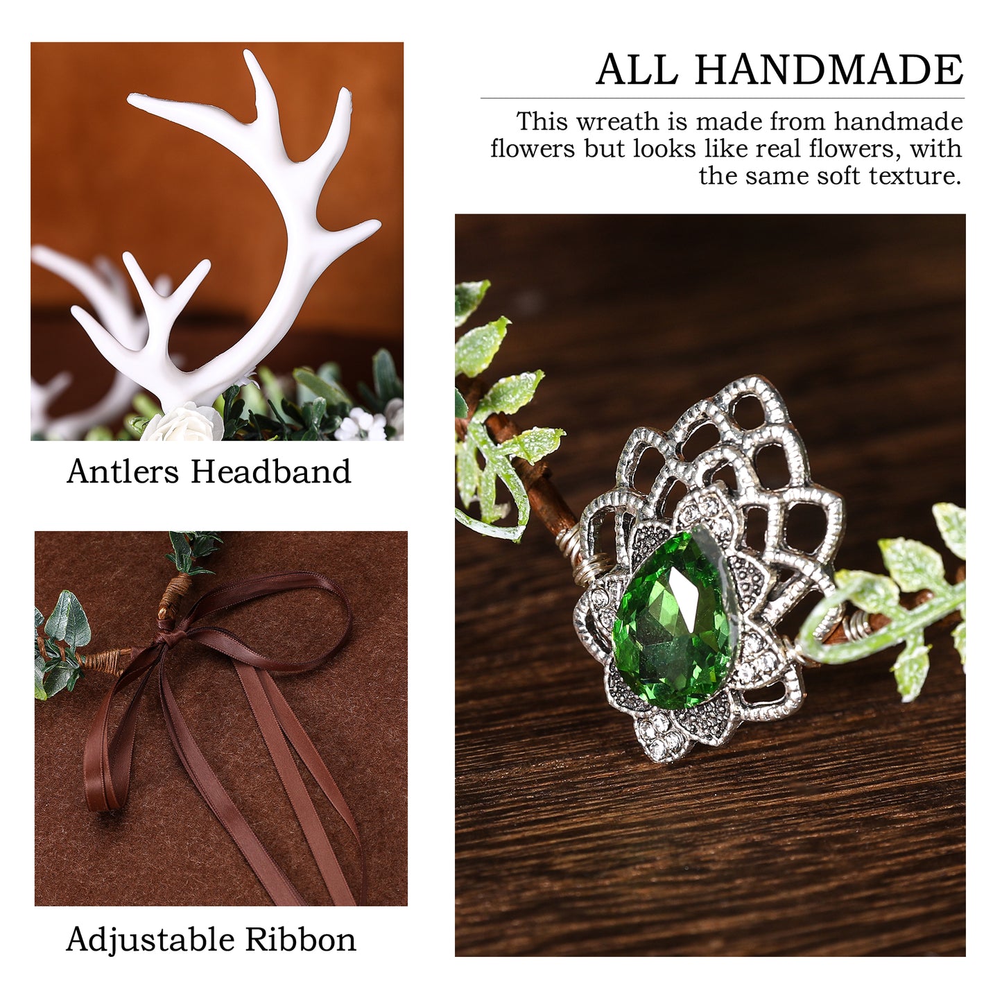 White Antler Fairy Crown: Green Forest Elf Tiara